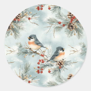 Winter Birds Pattern with Pinecones and Snow Classic Round Sticker