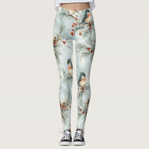 Winter Birds Pattern with Pinecones and Snow Leggings
