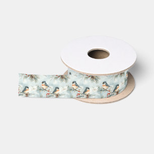 Winter Birds Pattern with Pinecones and Snow Satin Ribbon
