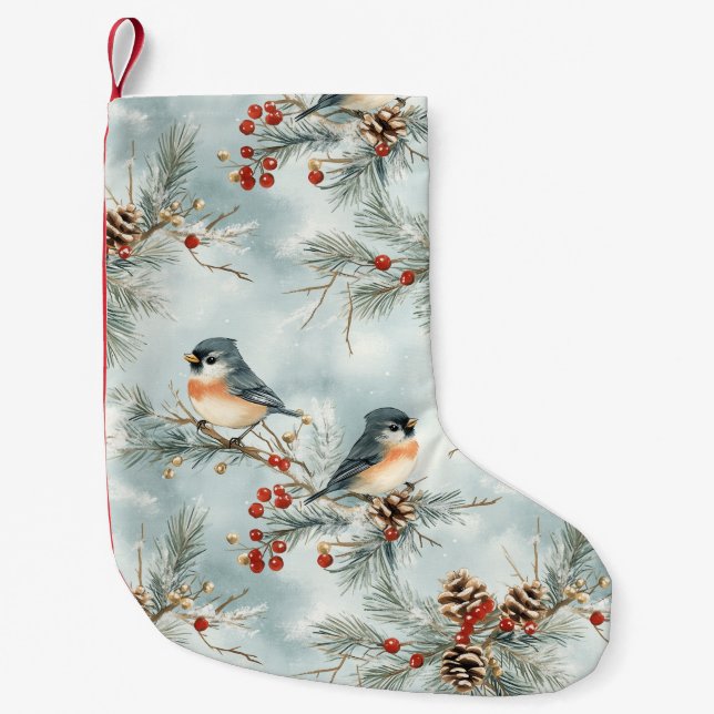 Winter Birds Pattern with Pinecones and Snow Small Christmas Stocking (Front)