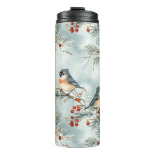Winter Birds Pattern with Pinecones and Snow Thermal Tumbler