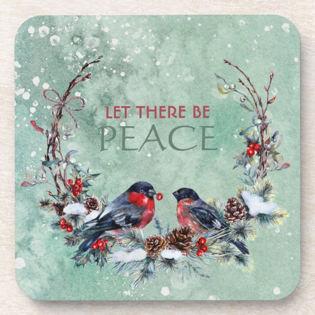 Winter Birds Pine Branch Wreath Christmas Coaster (Front)