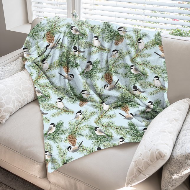 Winter Birds Pine Branches Christmas Pattern Fleece Blanket (Creator Uploaded)