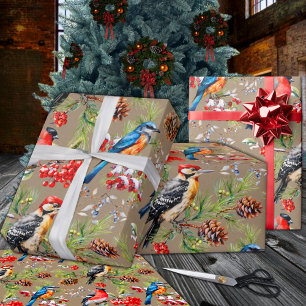 Winter Birds Pine Cones & Red Berries Holiday Wrapping Paper