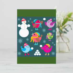 Winter Birds Playing in Snow with Snowman  Invitation