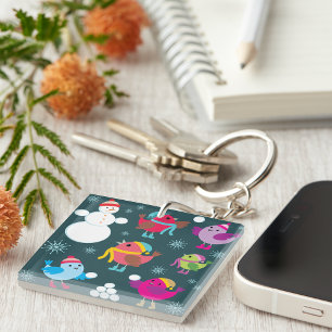 Winter Birds Playing in Snow with Snowman  Key Ring