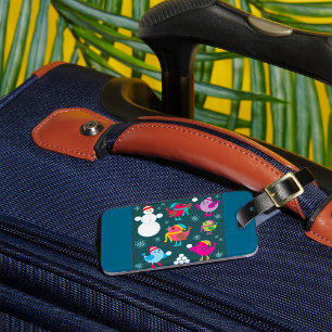 Winter Birds Playing in Snow with Snowman Luggage Tag