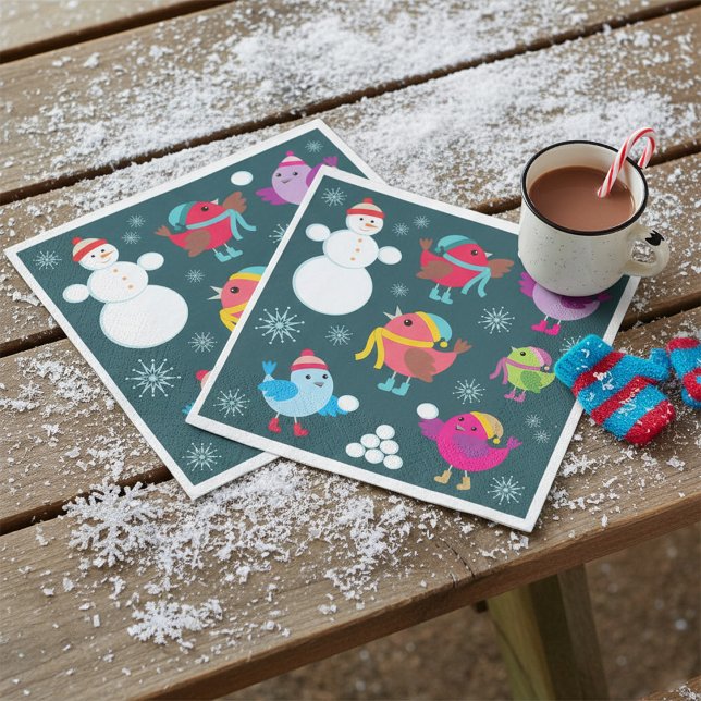 Winter Birds Playing in Snow with Snowman  Napkin (Creator Uploaded)
