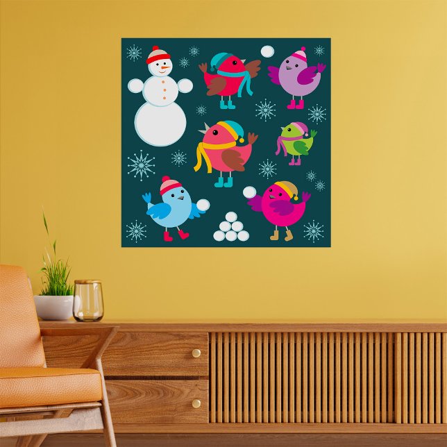 Winter Birds Playing in Snow with Snowman  Poster (Creator Uploaded)