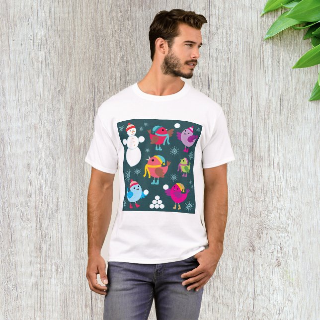 Winter Birds Playing in Snow with Snowman  T-Shirt (Creator Uploaded)