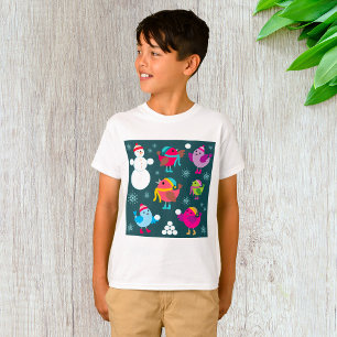 Winter Birds Playing in Snow with Snowman  T-Shirt