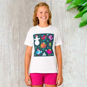 Winter Birds Playing in Snow with Snowman  T-Shirt