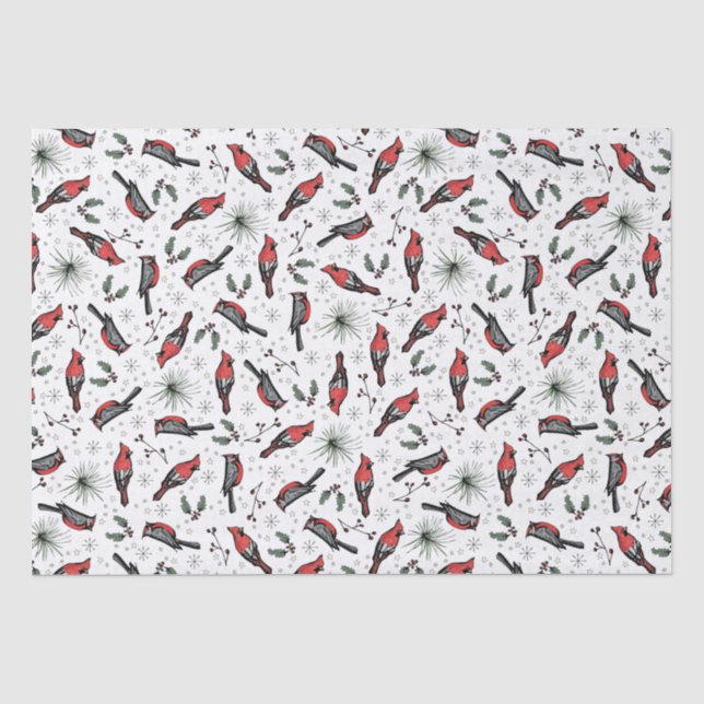 Winter Birds Red Cardinal, Pine and Berries Tissue Paper (Front)