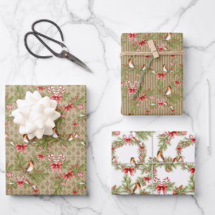 Winter Birds Red Poinsettia Wreath and Ribbons Wrapping Paper Sheet