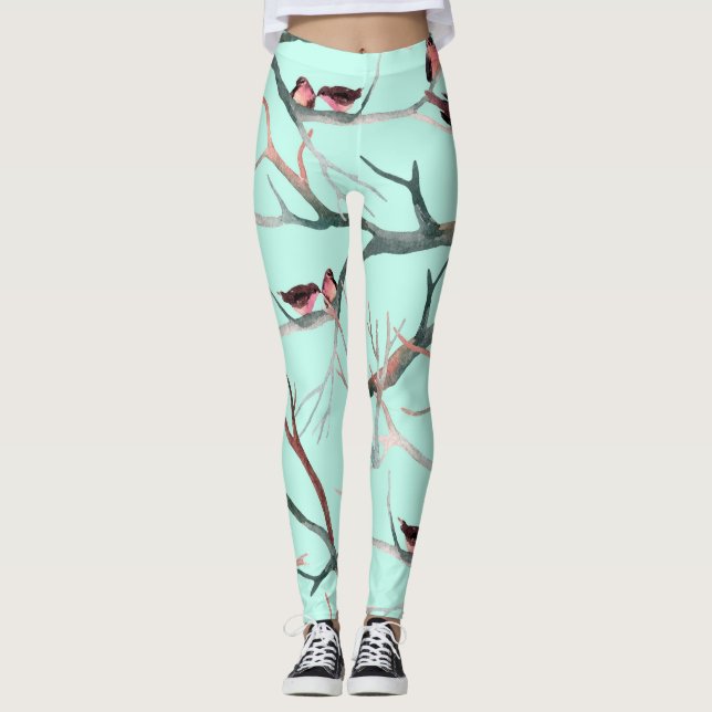 Winter Birds Tree Branches Watercolor Leggings (Front)
