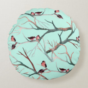 Winter Birds Tree Branches Watercolor Round Cushion