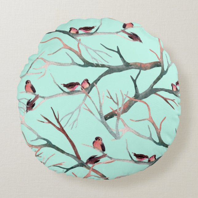 Winter Birds Tree Branches Watercolor Round Cushion (Front)