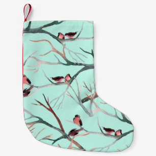 Winter Birds Tree Branches Watercolor Small Christmas Stocking