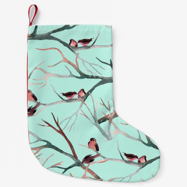 Winter Birds Tree Branches Watercolor Small Christmas Stocking (Front)