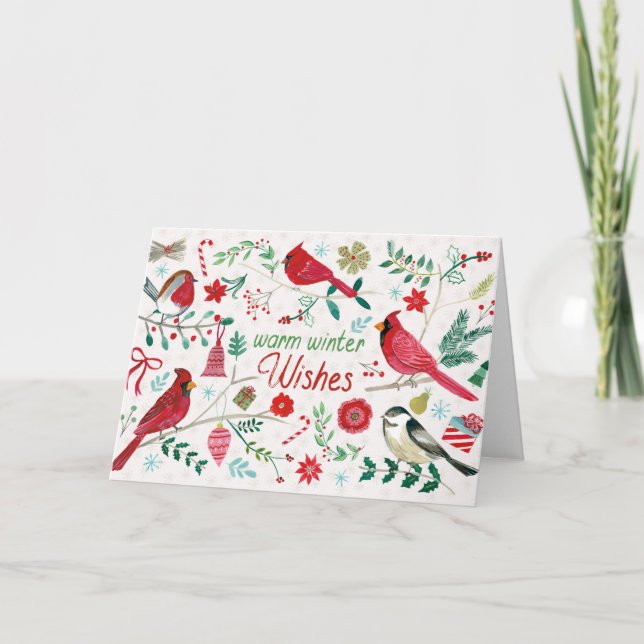 Winter Birds - Warm Wishes Holiday Card (Front)