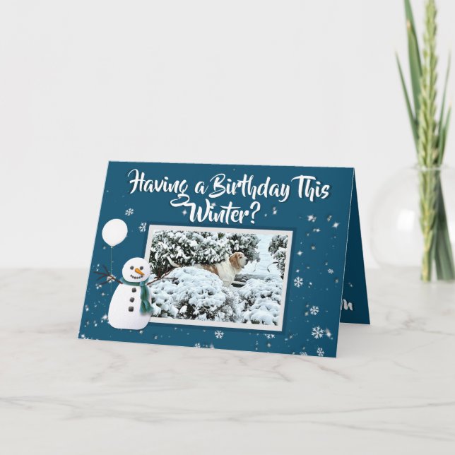 Winter Birthday Card Snow & Beautiful Basset Hound (Front)