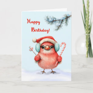 Winter Birthday Cute Bird in Santa Hat with Candy Card