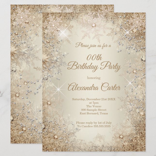 Winter Birthday Party Beige Cream Gold Snowflake Invitation (Front/Back)