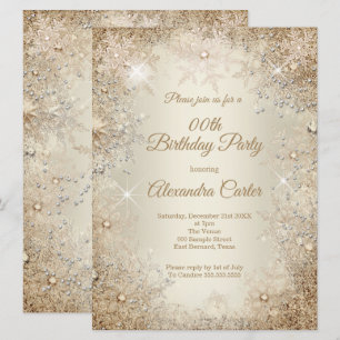 Winter Birthday Party Beige Cream Gold Snowflake Invitation
