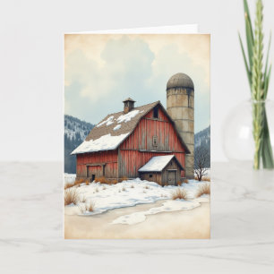 Winter Birthday Snowy Barn Card