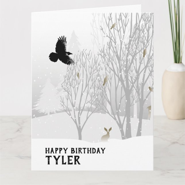 Winter Birthday Snowy Woodland Trees Snow Animals Card (Front)