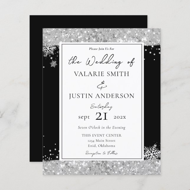 Winter Black and Silver Glitter Wedding Invitation (Front/Back)