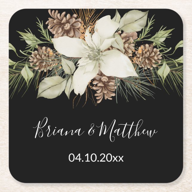 Winter Black and White Elegant Script Wedding Square Paper Coaster (Front)