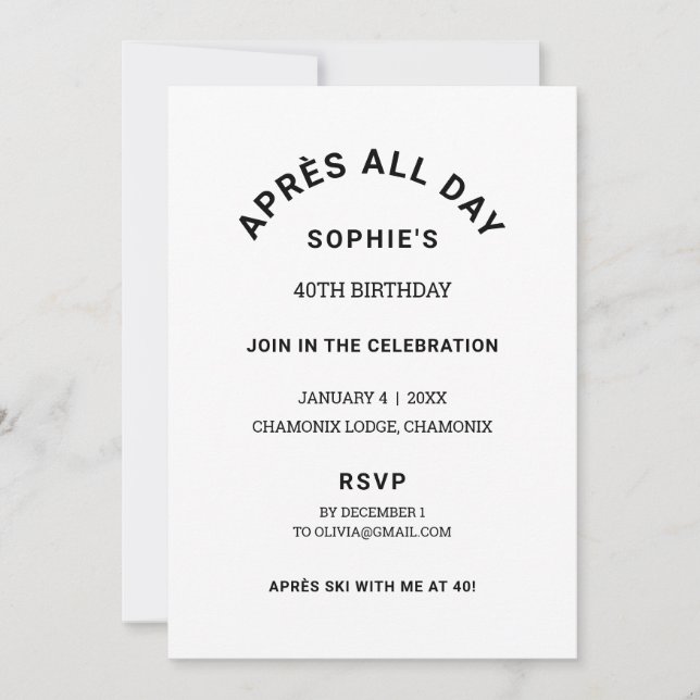 Winter Black Après All Day 40th Birthday Party Invitation (Front)