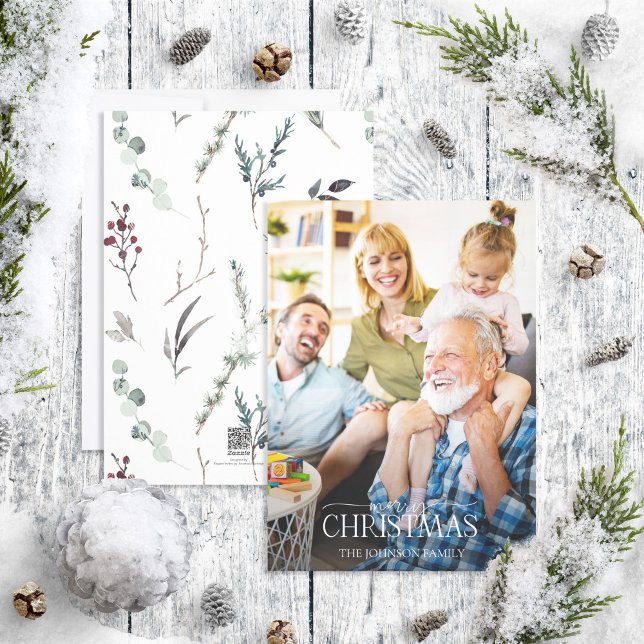 Winter Black Botanical Merry Christmas Photo Holid Holiday Card (Creator Uploaded)
