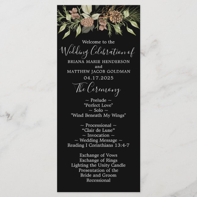 Winter Black Elegant Script Wedding Programme (Front)