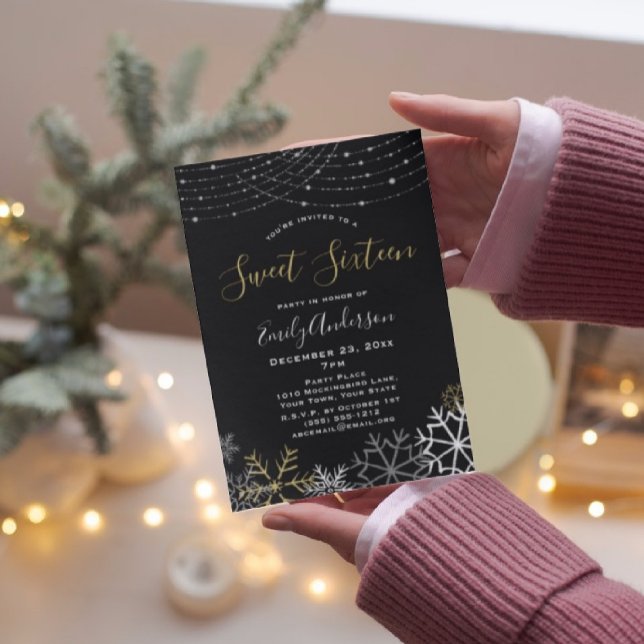 Winter Black Gold Silver Snowflake Sweet 16 Invitation (Creator Uploaded)