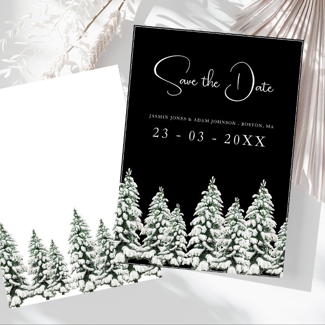 Winter Black Snow Christmas Trees Wedding Save The Date (Winter Black and White Snowy Pine Trees Wedding Save The Date)