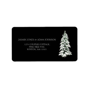 Winter Black Snowy Christmas Tree Wedding Label