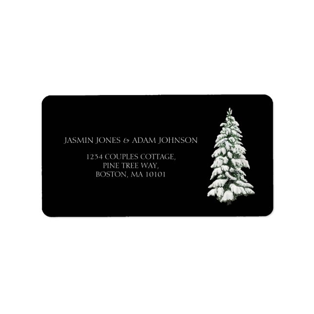 Winter Black Snowy Christmas Tree Wedding Label (Front)