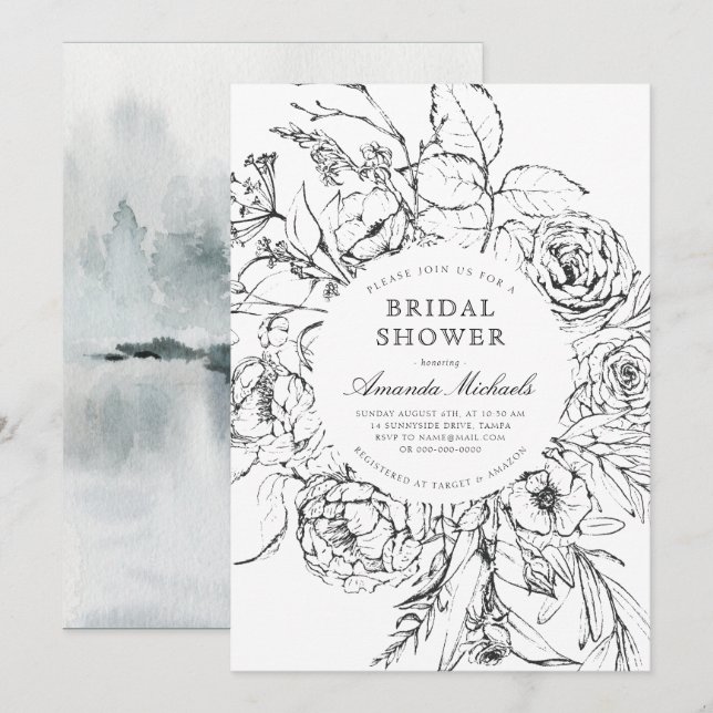 Winter Black White Minimalist Floral Bridal Shower Invitation (Front/Back)