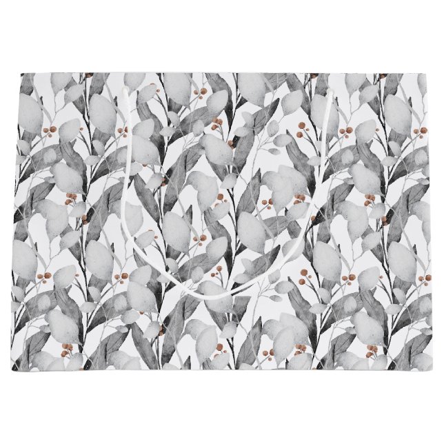Winter Black & White Watercolor Botanical Large Gift Bag (Front)