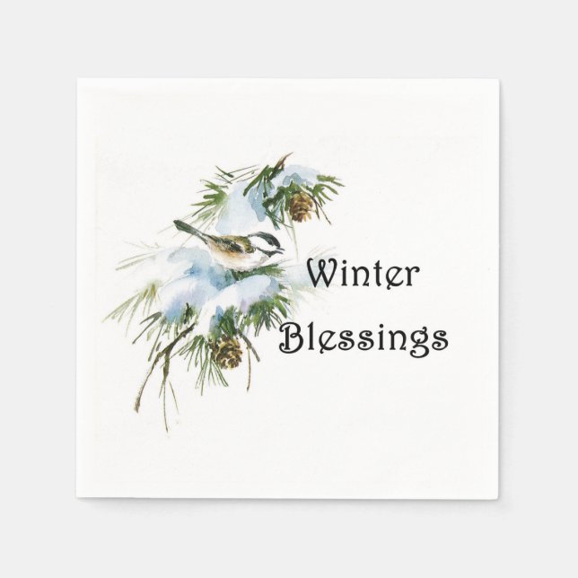 "Winter Blessings" Paper Napkins Chickadee Snow (Front)