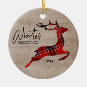 Winter Blessings Plaid Reindeer Ceramic Tree Decoration