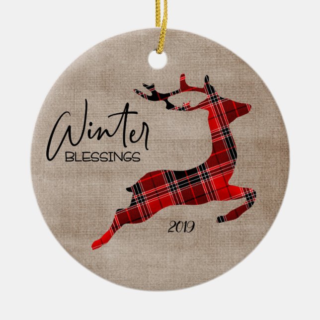 Winter Blessings Plaid Reindeer Ceramic Tree Decoration (Front)