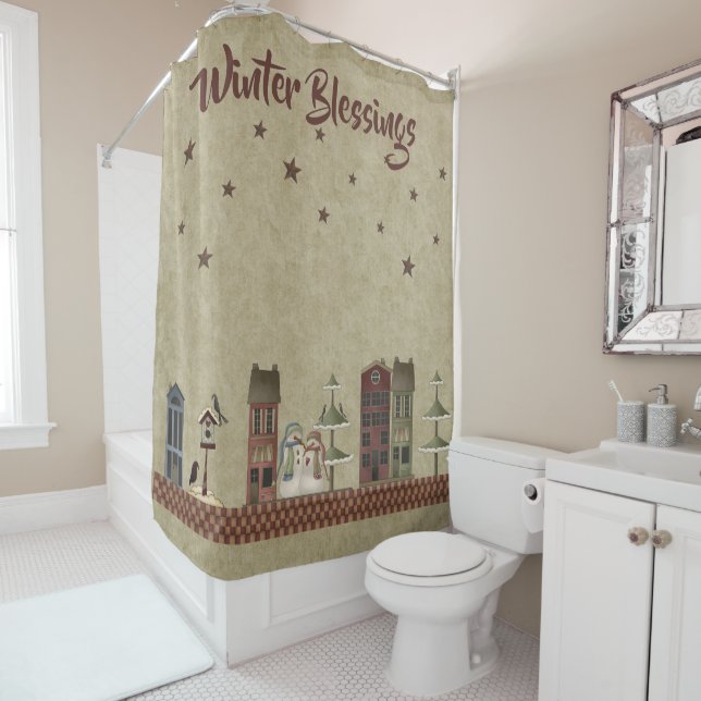 Winter Blessings Primitive Folkart Snowmen   Shower Curtain (In Situ)
