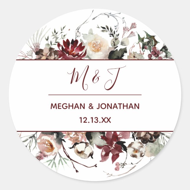 Winter Bloom - Burgundy - Wedding | Classic Round Sticker (Front)