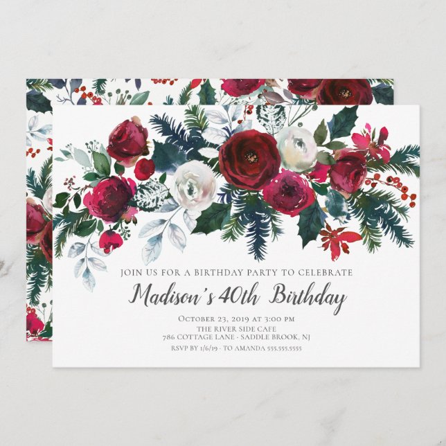 Winter Bloom Floral Birthday Party Invitation (Front/Back)