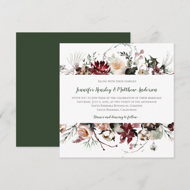 Winter Blooms - Dark Forest Green Text Wedding | Invitation (Front/Back)