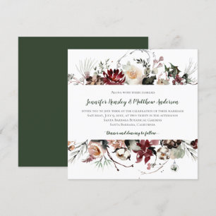 Winter Blooms - Dark Forest Green Text Wedding   Invitation