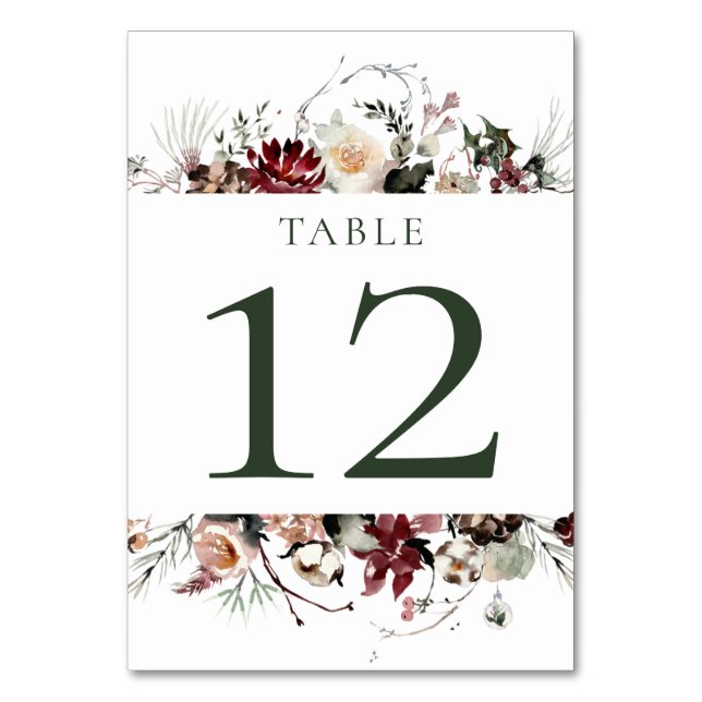Winter Blooms - Dark Forest Green - Wedding | Table Number (Front)